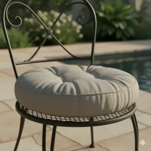 Comfortable tufted round outdoor seat replacement cushions for metal or wrought iron patio furniture.