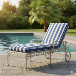 A classic vintage cast aluminum chaise lounge with a striped cushion, designed for relaxing by the pool or on the sun deck.