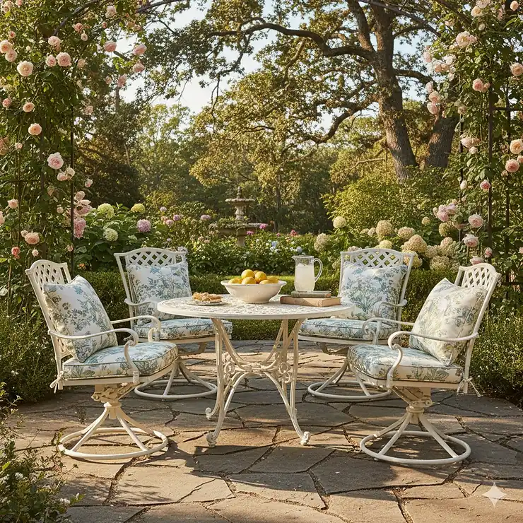A beautifully preserved vintage cast aluminum patio furniture set with a table and four chairs, painted in a classic white finish, perfect for an outdoor garden space.