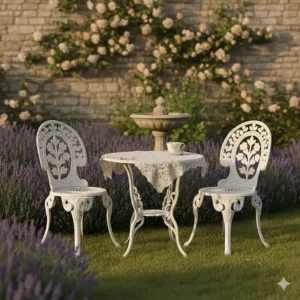 Vintage white wrought iron patio furniture with an antique look, perfect for a traditional garden setting.