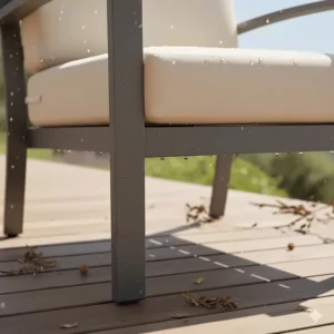 Close-up showing the weather-resistant powder coated finish on an aluminum outdoor chair, highlighting its protection against the elements.