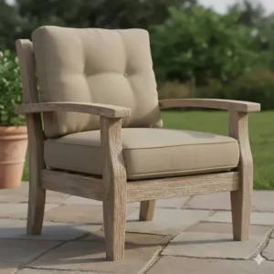 Close-up of a single rustic outdoor patio chair made from natural, weathered acacia wood with comfortable beige cushions.