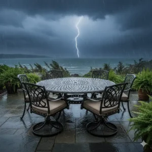 Weatherproof cast aluminum patio furniture designed to withstand outdoor conditions year-round.