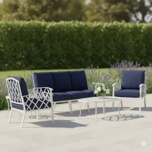 Modern white cast aluminum seating group with navy cushions, highlighting available color finishes.