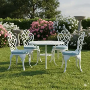 Elegant white wrought iron garden chairs surrounding a matching round table on a lawn.