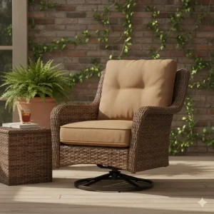 Stylish resin wicker outdoor furniture swivel rocker chair for a porch.