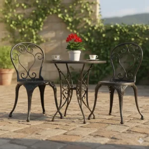 A small, charming three-piece rustic outdoor patio furniture bistro set featuring black wrought iron chairs and a round metal table.