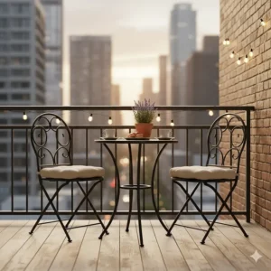 A compact two-seater wrought iron patio furniture bistro set on a small apartment balcony.