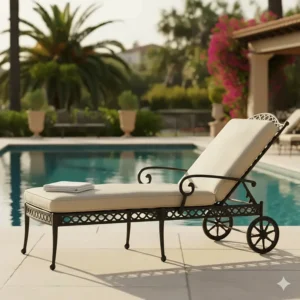 Elegant wrought iron chaise lounge with comfortable cushions set beside a swimming pool, ideal for relaxation.