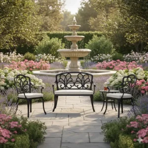 Complementary wrought iron loveseat and patio chairs arranged near a fountain.
