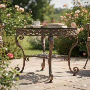 Elegant decorative wrought iron patio coffee table with a glass top, showcasing classic scrollwork and craftsmanship.