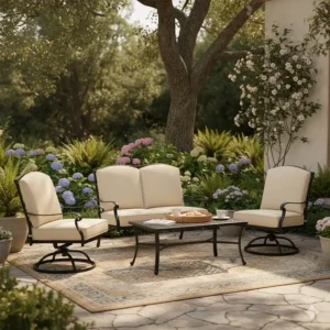 A four-piece wrought iron patio conversation set featuring a loveseat, two club chairs, and a coffee table.
