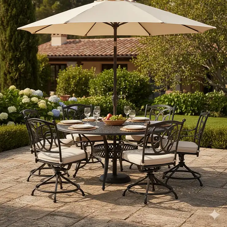 Outdoor wrought iron patio furniture dining set with six chairs and an umbrella on a stone terrace.