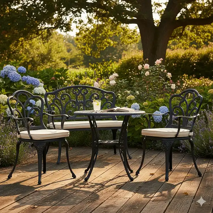 Classic black wrought iron patio furniture chairs with decorative scrollwork on a sun-drenched outdoor deck.