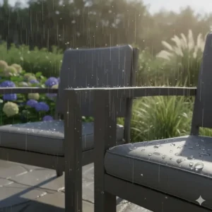 All-weather composite outdoor chairs resisting rain and sun in a garden setting, highlighting the material's durability.