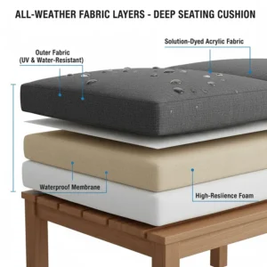 Cutaway illustration of weather-resistant fabric layers used in high-quality deep seating outdoor furniture.