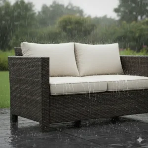 Durable all-weather resin wicker outdoor sofa showing water-resistant properties during rain.