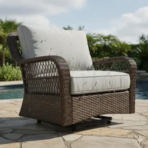 All-weather resin wicker outdoor patio furniture glider resistant to UV rays and rain.