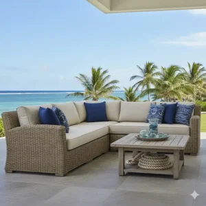 Luxurious, deep-seated all-weather resin wicker sectional sofa with light beige cushions, specifically designed for high-humidity coastal areas.