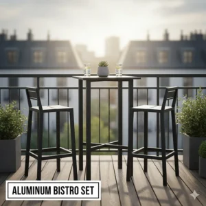 Sleek black aluminum outdoor high top bistro table for small balcony spaces.