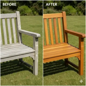 A split-image showing a stark comparison between dry, grey weathered teak furniture (before) and the same piece with the warm, golden glow after applying teak oil (after).