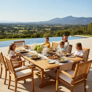 A large extendable teak dining table, perfect for family gatherings, which is one of the top-rated models for 2025.