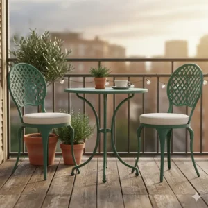 A small, elegant powder coated outdoor furniture bistro set on a balcony, ideal for small spaces.