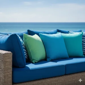 Close-up of comfortable, sun-resistant blue and turquoise cushions on an outdoor sofa, adding a vibrant pop of coastal color to the space.