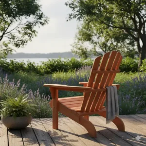 Classic cedar Adirondack chair design, perfect for relaxing on a deck or in the garden.