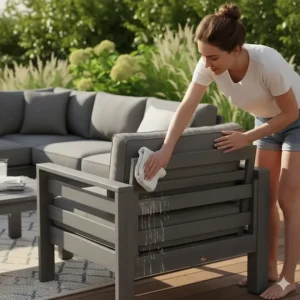 A person easily wiping down composite patio furniture with a cloth, demonstrating its low-maintenance qualities.