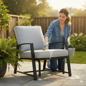 A person cleaning the fabric cushions of an aluminum outdoor patio furniture glider.