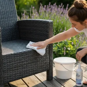 A person wiping down outdoor rattan furniture with a damp cloth to demonstrate easy maintenance.