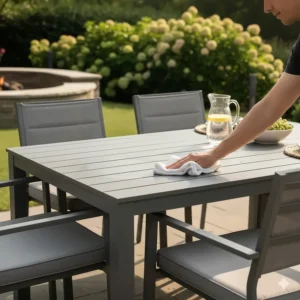 Someone gently wiping down a powder coated outdoor table with a soft cloth, demonstrating the ease of cleaning and maintenance.