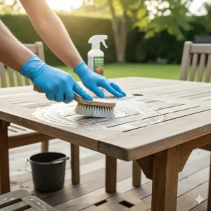 A person using a soft-bristle brush to gently clean dirt and grime from a teak outdoor table with a specialized wood cleaner.