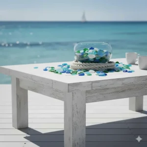 A rustic, whitewashed wooden outdoor coffee table decorated with sea glass and a rope accent, completing the coastal furniture look.