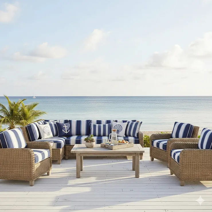 A bright, airy photograph of a complete coastal outdoor furniture set on a white deck, featuring woven wicker chairs, blue and white striped cushions, and a weathered teak coffee table, overlooking the ocean.