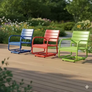 A row of colorful powder-coated metal outdoor patio furniture gliders in blue, red, and green.