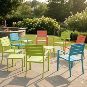 A collection of bright, colorful powder coated outdoor furniture pieces, showcasing the wide range of available color options.