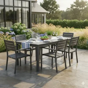 A complete composite outdoor dining set perfect for entertaining guests on a back patio.