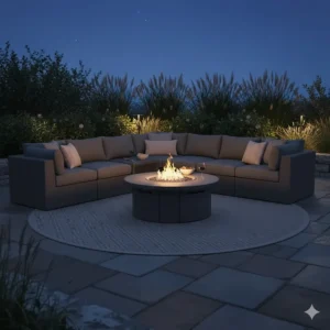 A modern composite outdoor sectional surrounding a stone fire pit, ideal for evening relaxation.