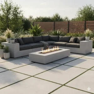 Large, modular concrete outdoor sofa sectionals forming an L-shape, ideal for spacious, permanent, and modern patio entertaining.