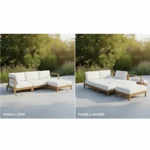 Illustration demonstrating how modular outdoor furniture can be rearranged from a sofa into a flat daybed.