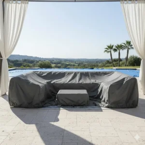 Resin wicker outdoor furniture protected by a waterproof fitted cover during the winter season.