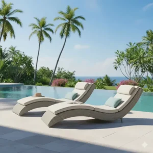 S-shaped curved outdoor chaise lounge chairs positioned next to a luxury swimming pool.