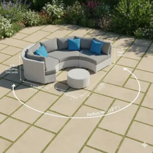 An illustrative guide showing the radius and dimensions of a curved outdoor sofa for patio planning.