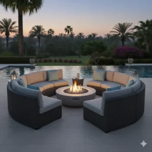 Half-moon curved outdoor seating benches arranged around a modern gas fire pit.