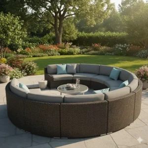 Modular curved outdoor sectional sofa in weather-resistant wicker for a spacious backyard.