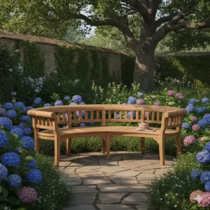 A classic garden scene featuring a solid teak curved outdoor bench with a natural wood finish.