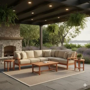Comfortable, deep-seating cedar outdoor sofa with thick cushions, ideal for a covered porch.
