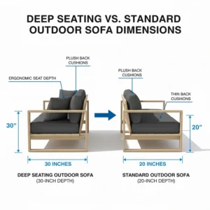 Side-by-side comparison illustration of deep seating outdoor furniture depth versus standard outdoor seating.